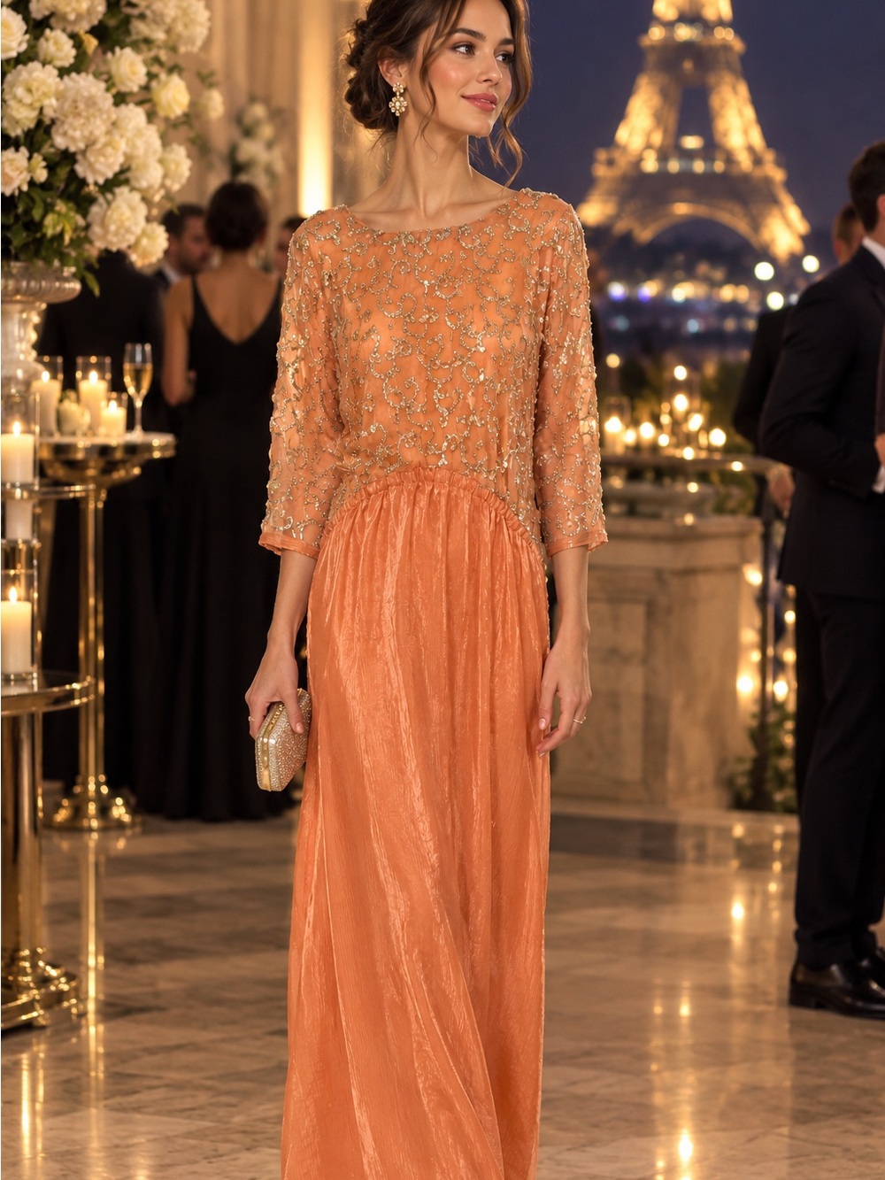 Elegant Orange Embellished Evening Gown